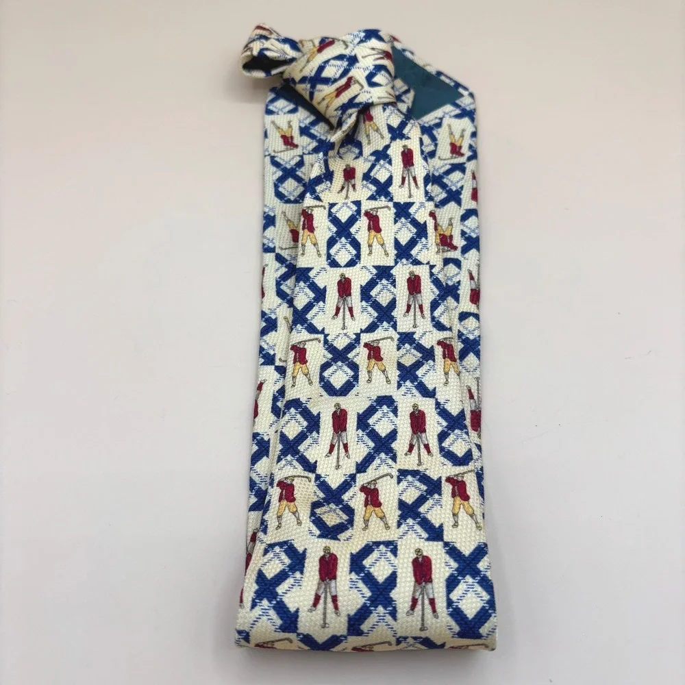 Tommy Hilfiger Mens Silk Tie Golf Theme Vintage Made in USA Blue Cream 4 Inch